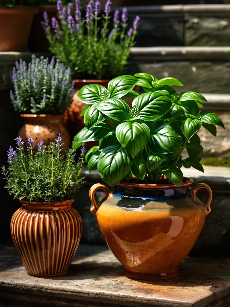 Terrakotta- und Keramiktöpfe mit Basilikum, Thymian und Lavendel auf einer sonnigen Steinstufe