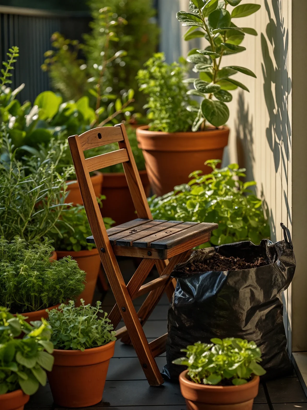 Nachmittagsstimmung auf dem Balkon mit Kräutertöpfen, Klappstuhl aus Holz und Sack Blumenerde